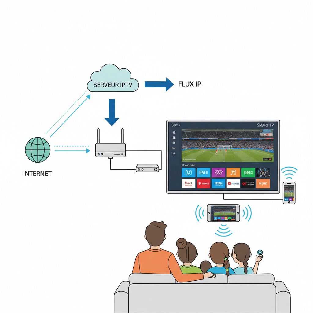 Schéma expliquant le fonctionnement de l’IPTV : serveur, connexion Internet et appareil utilisateur.