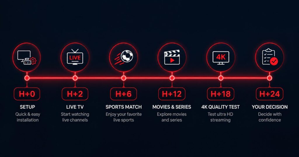 Timeline iptv 24h gratuit — planning heure par heure pour tester iptv test 24h