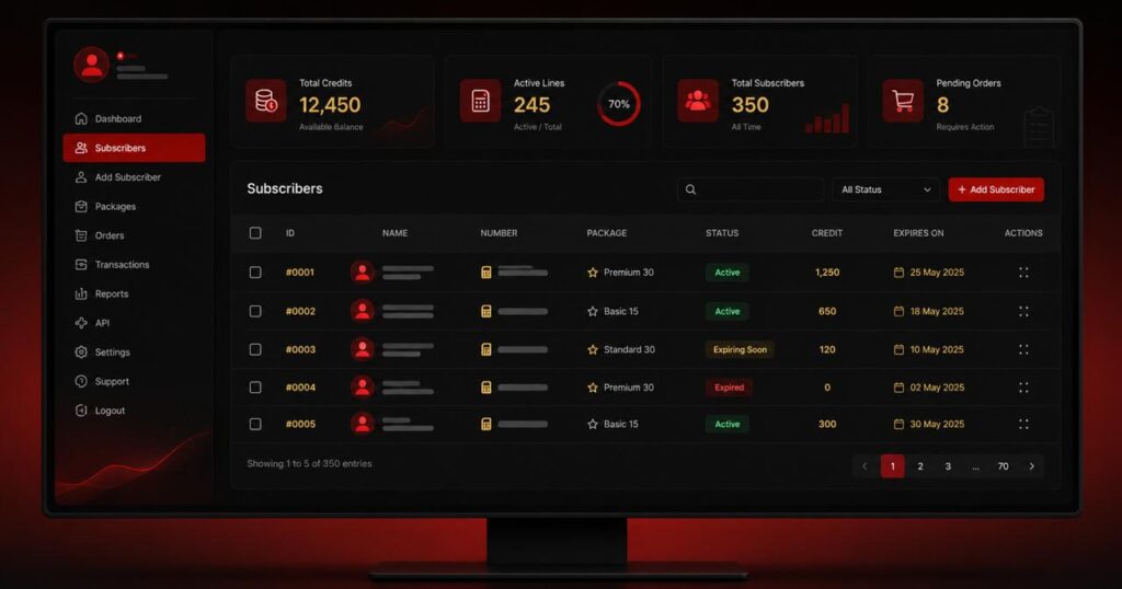 Interface panel revendeur IPTV — tableau de bord gestion abonnements et crédits 2026
