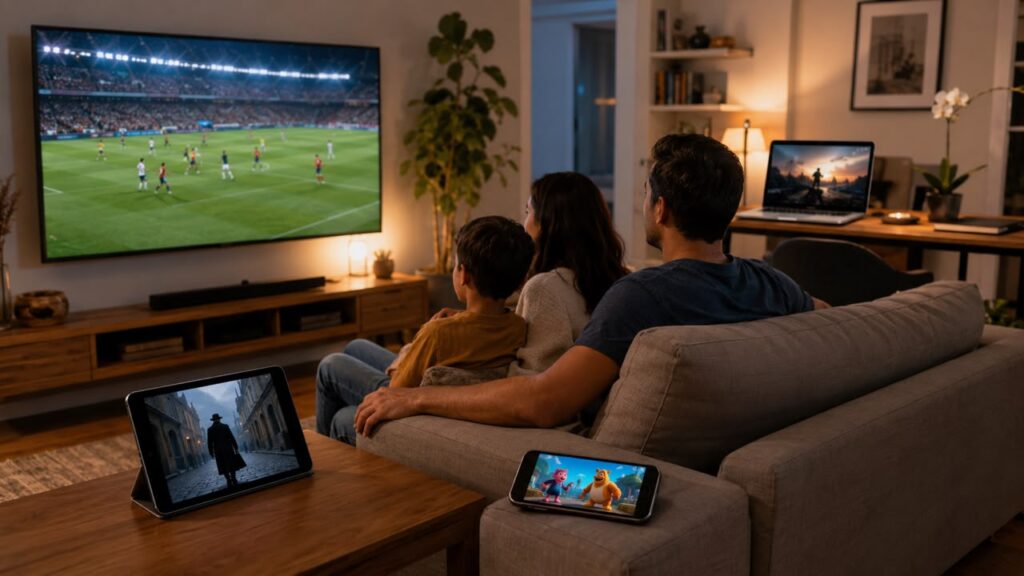 Abonnement IPTV multi-écrans pack famille 2026 — │ │ TV salon, smartphone, tablette et PC connectés │ │ simultanément avec Multitech IPTV Ultra Premium
