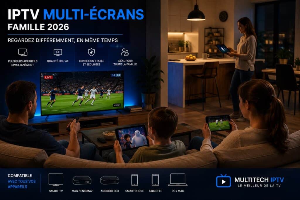 Abonnement IPTV Multi écrans famille 2026 — regarder plusieurs appareils simultanément Multitech IPTV