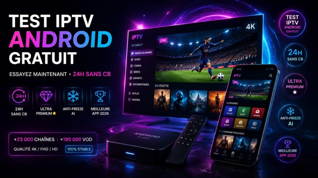 Test IPTV Android gratuit 2026 - Essai 24h sans carte bancaire sur smartphone et TV Box