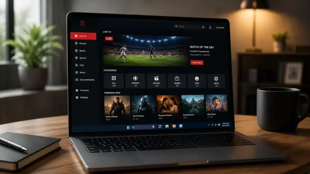 Test IPTV PC sur ordinateur portable avec interface de streaming moderne